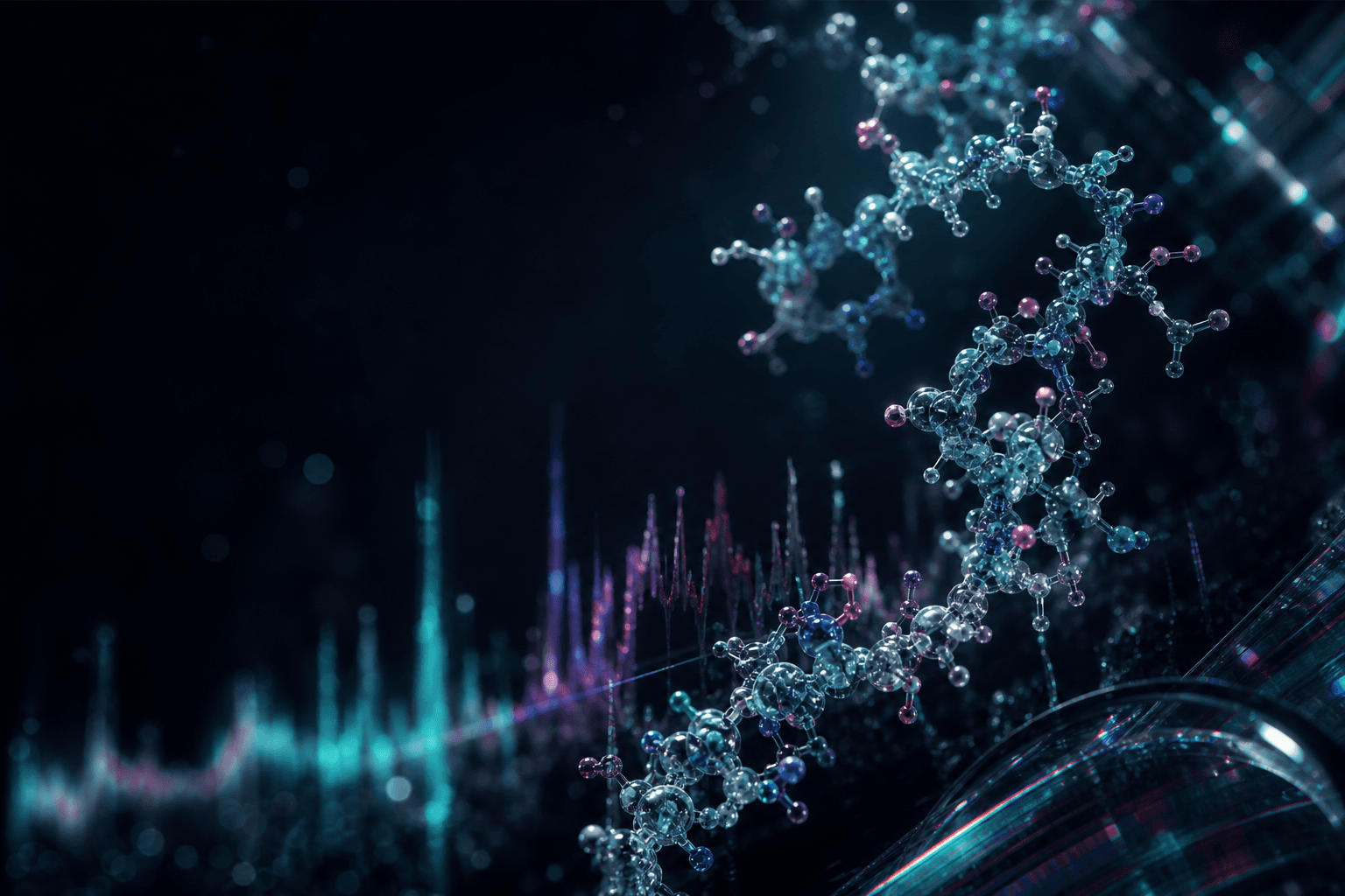 Glass-like molecular chain illuminated in cyan and violet analytical light